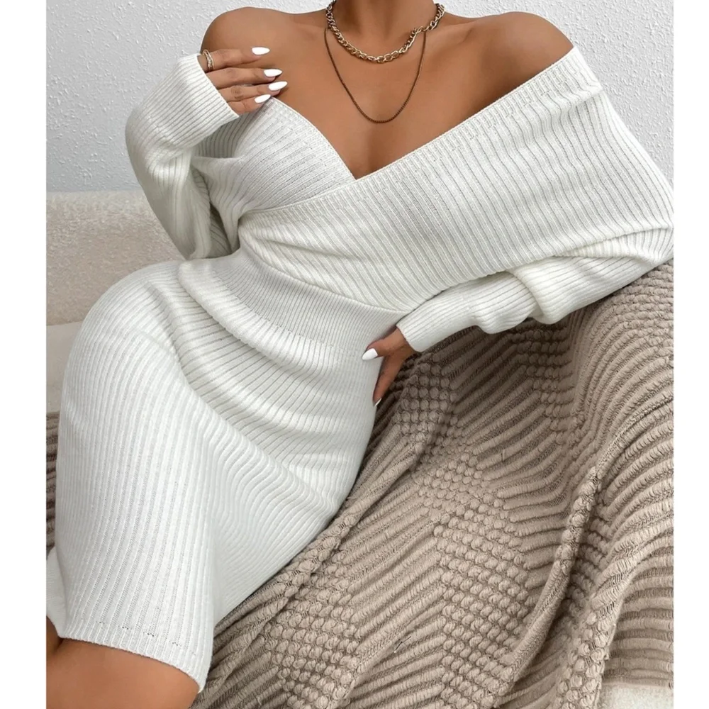 White Off Shoulder V-Neck Rib Knit Sweater Mini Short Dress Long Sleeve - Picture 4 of 9